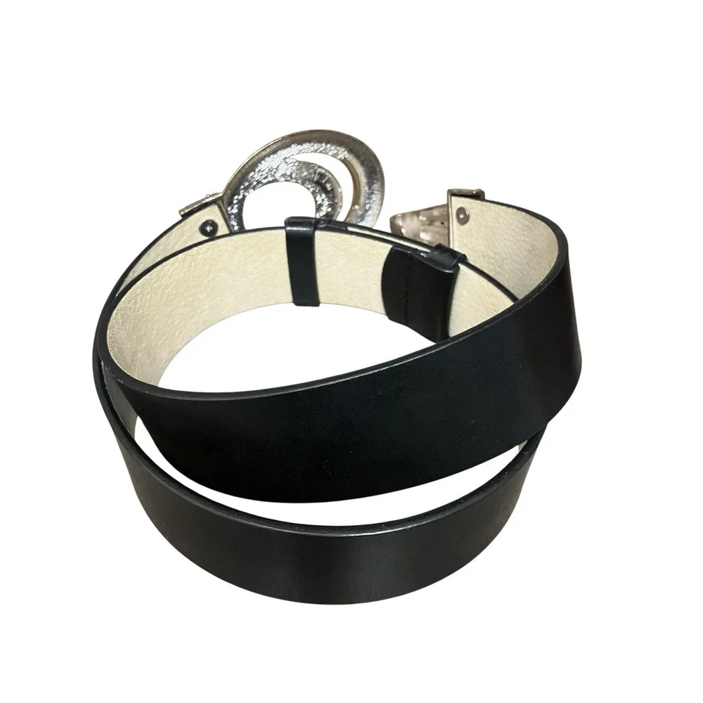 CHICOs Belt Leather Black Gold Silver Tone Hook Buckle Art To Wear Statement S/M